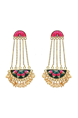 Gold Finish Hand Embroidered Earrings In Brass by Bauble Bazaar