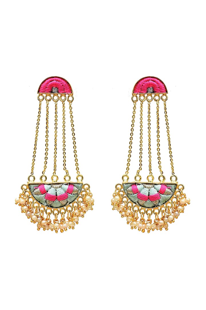 Gold Finish Hand Embroidered Dangler Earrings In Brass by Bauble Bazaar
