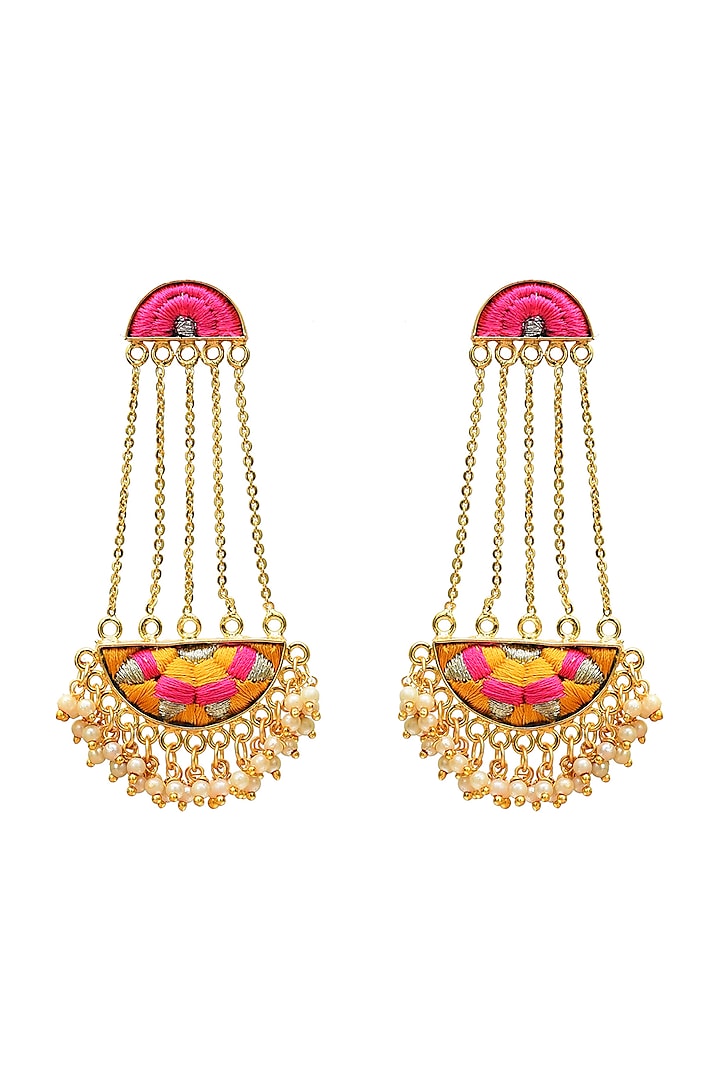 Gold Finish Hand Embroidered Dangler Earrings With Pearls by Bauble Bazaar