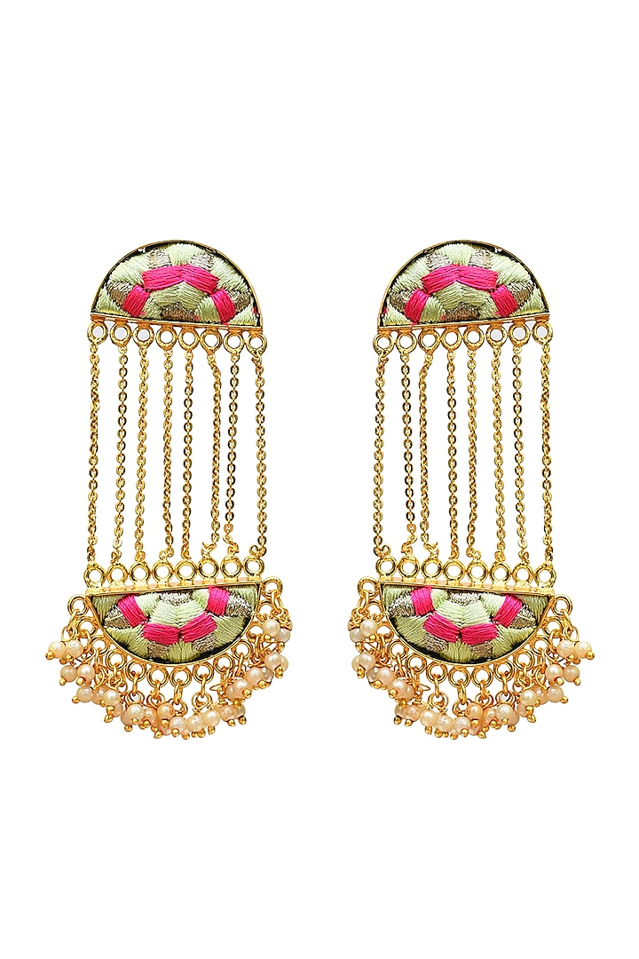 Gold Finish Embroidered Dangler Earrings With Pearls by Bauble Bazaar