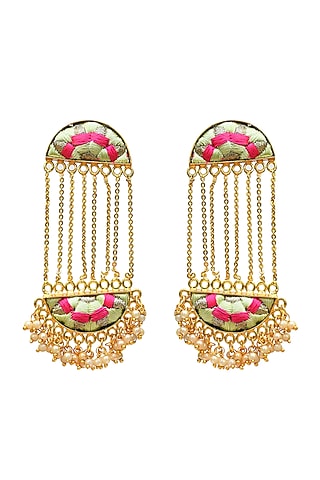 Gold Finish Embroidered Dangler Earrings With Pearls by Bauble Bazaar