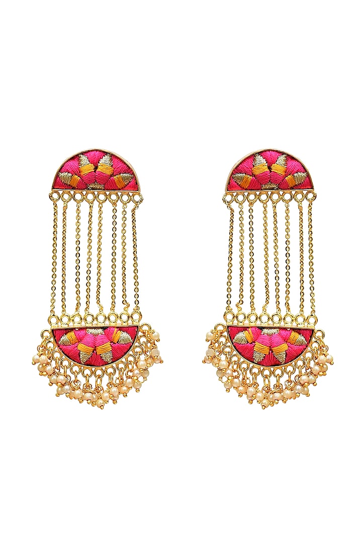 Gold Finish Dangler Earrings With Hand Embroidery by Bauble Bazaar