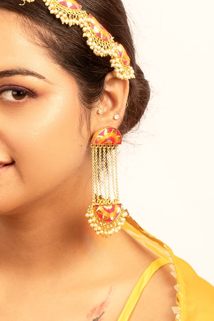 Gold Finish Embroidered & Pearl Dangler Earrings by Bauble Bazaar at Pernia's Pop Up Shop