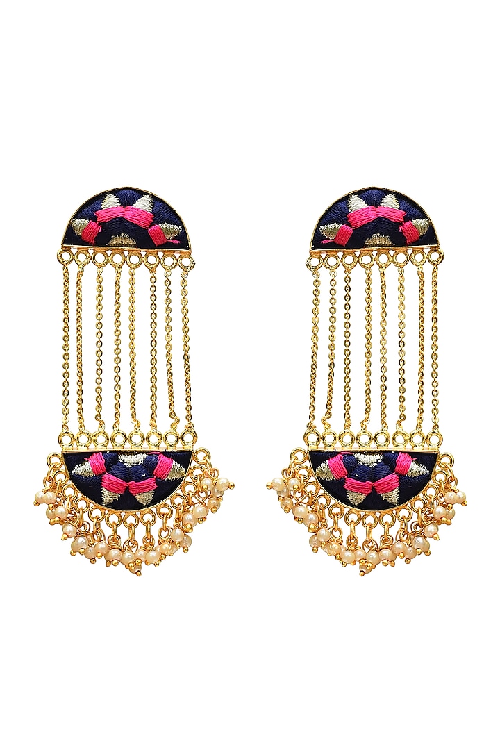 Gold Finish Brass Dangler Earrings With Hand Embroidery by Bauble Bazaar