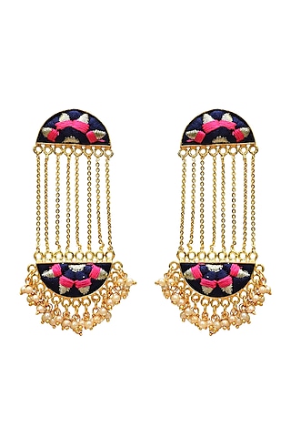 Gold Finish Brass Dangler Earrings With Hand Embroidery by Bauble Bazaar