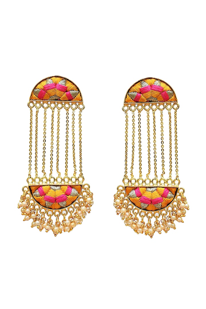 Gold Finish Brass Earrings With Hand Embroidery by Bauble Bazaar