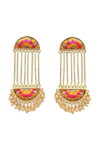 Gold Finish Brass Earrings With Hand Embroidery by Bauble Bazaar