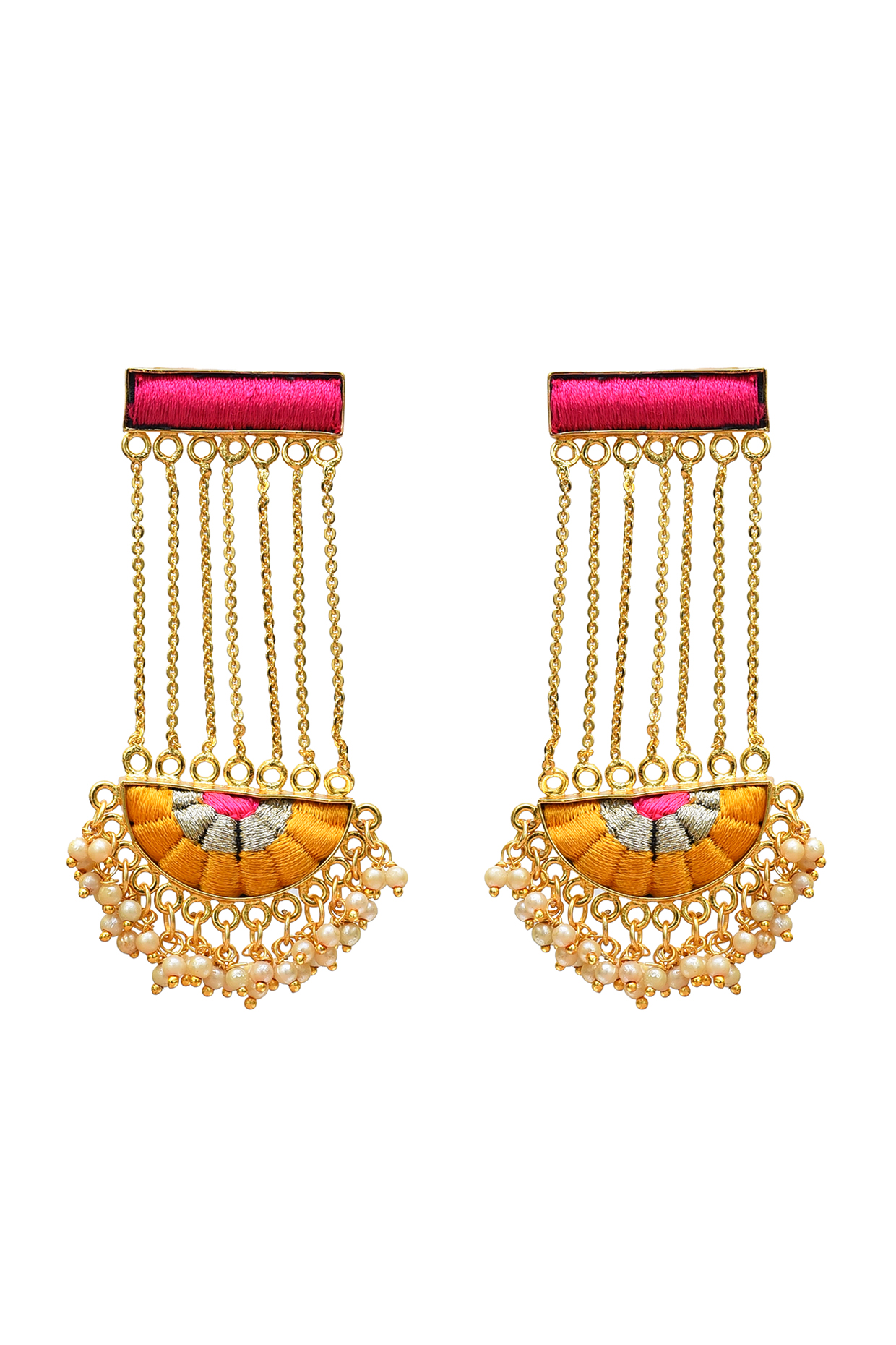 Gold Finish Hand Embroidered Dangler Earrings by Bauble Bazaar at Pernia's Pop Up Shop