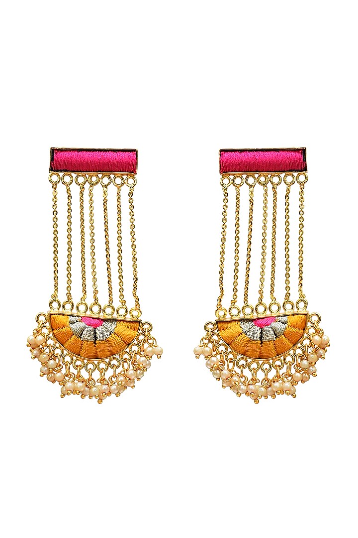 Gold Finish Hand Embroidered Dangler Earrings by Bauble Bazaar