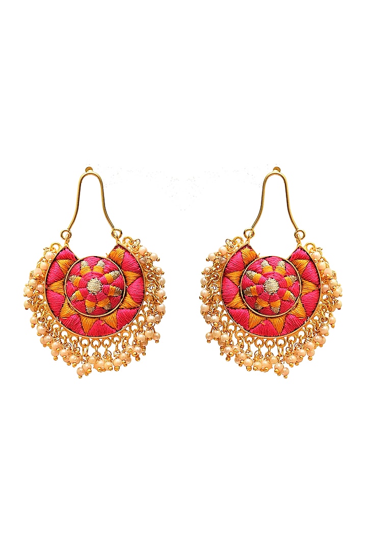 Gold Finish Hand Embroidered Chandbali Earrings With Pearls by Bauble Bazaar