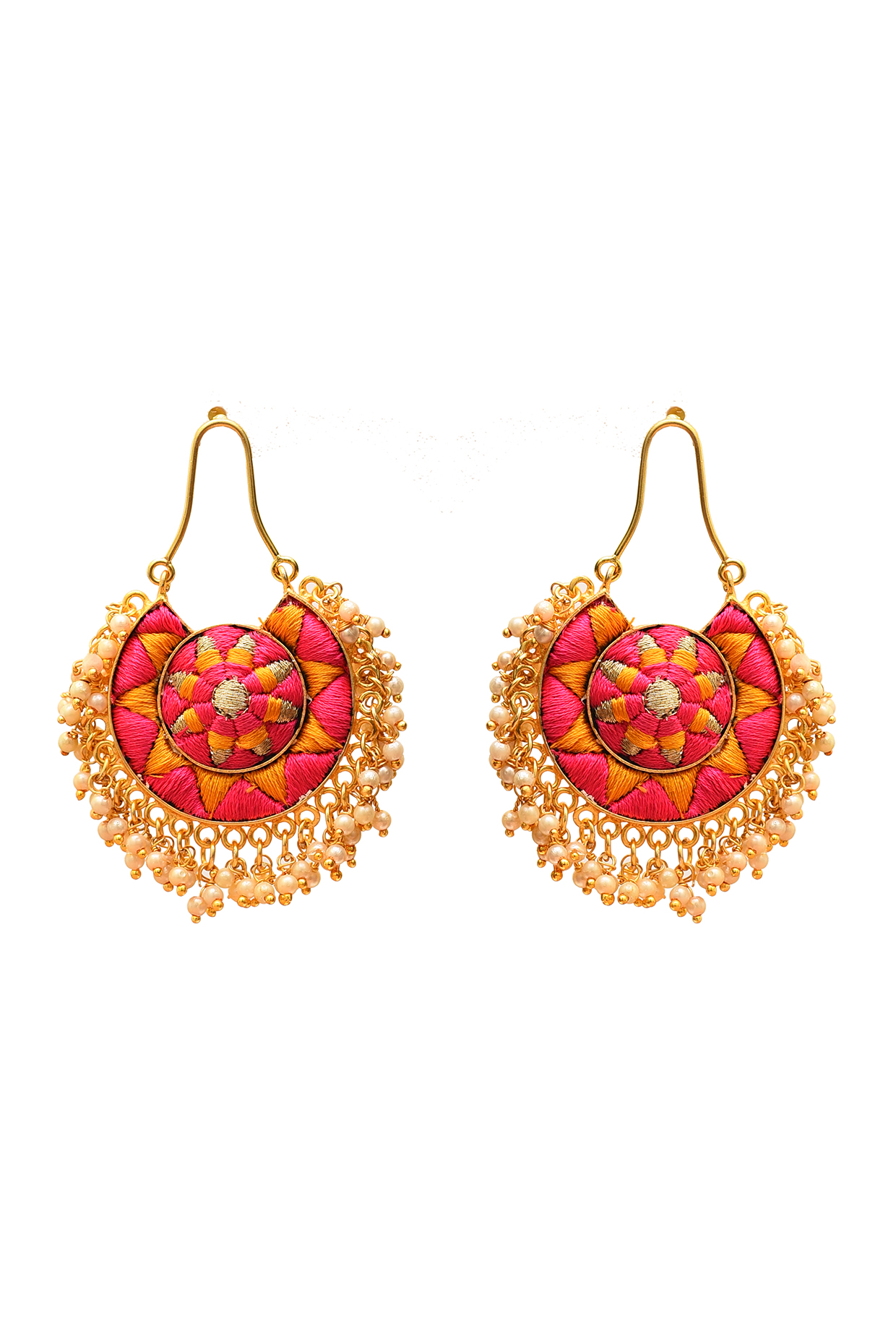 Gold Finish Hand Embroidered Chandbali Earrings With Pearls by Bauble Bazaar at Pernia's Pop Up Shop