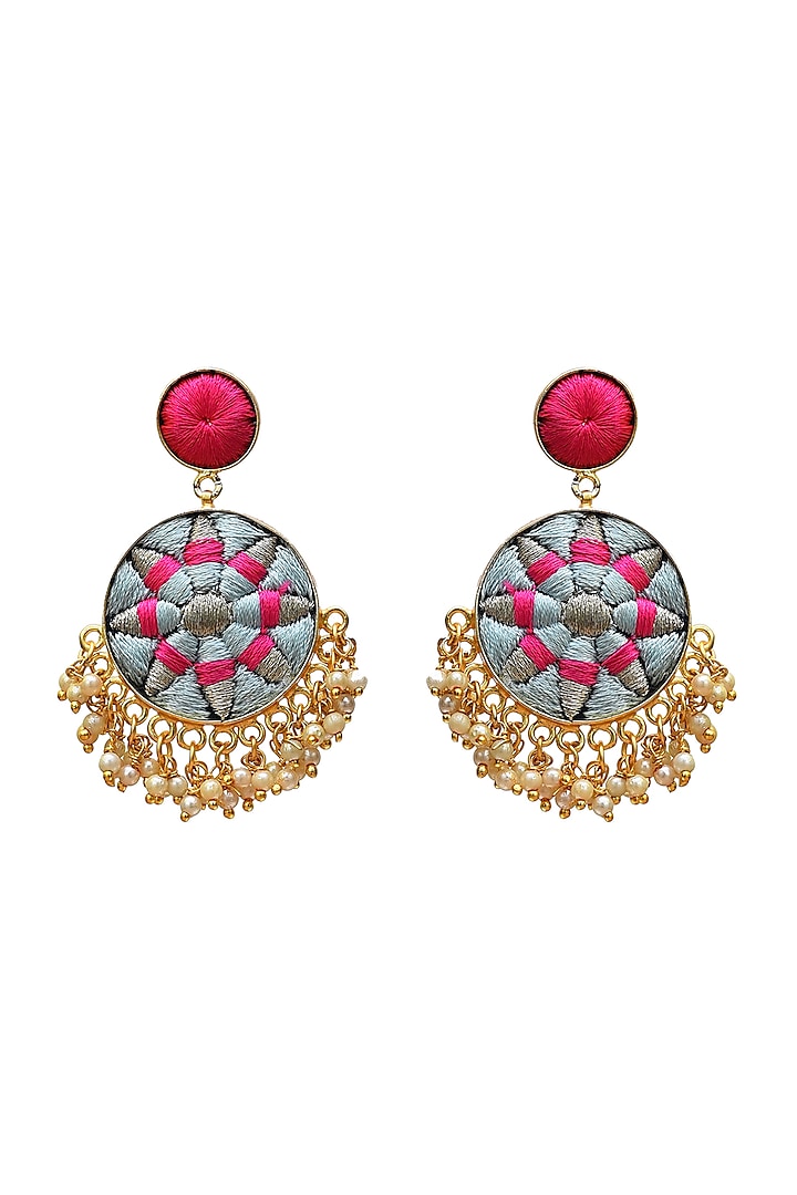 Gold Finish Hand Embroidered Drop Earrings by Bauble Bazaar