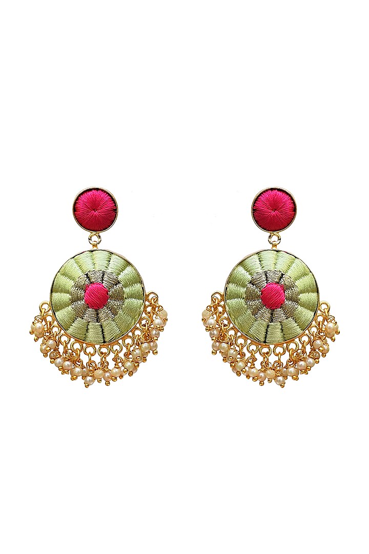 Gold Finish Hand Embroidered Drop Earrings In Brass by Bauble Bazaar