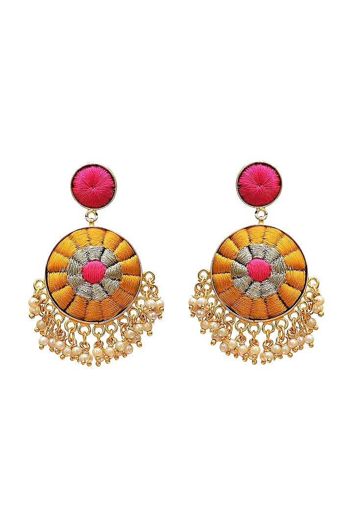Gold Finish Drop Earrings With Hand Embroidery by Bauble Bazaar