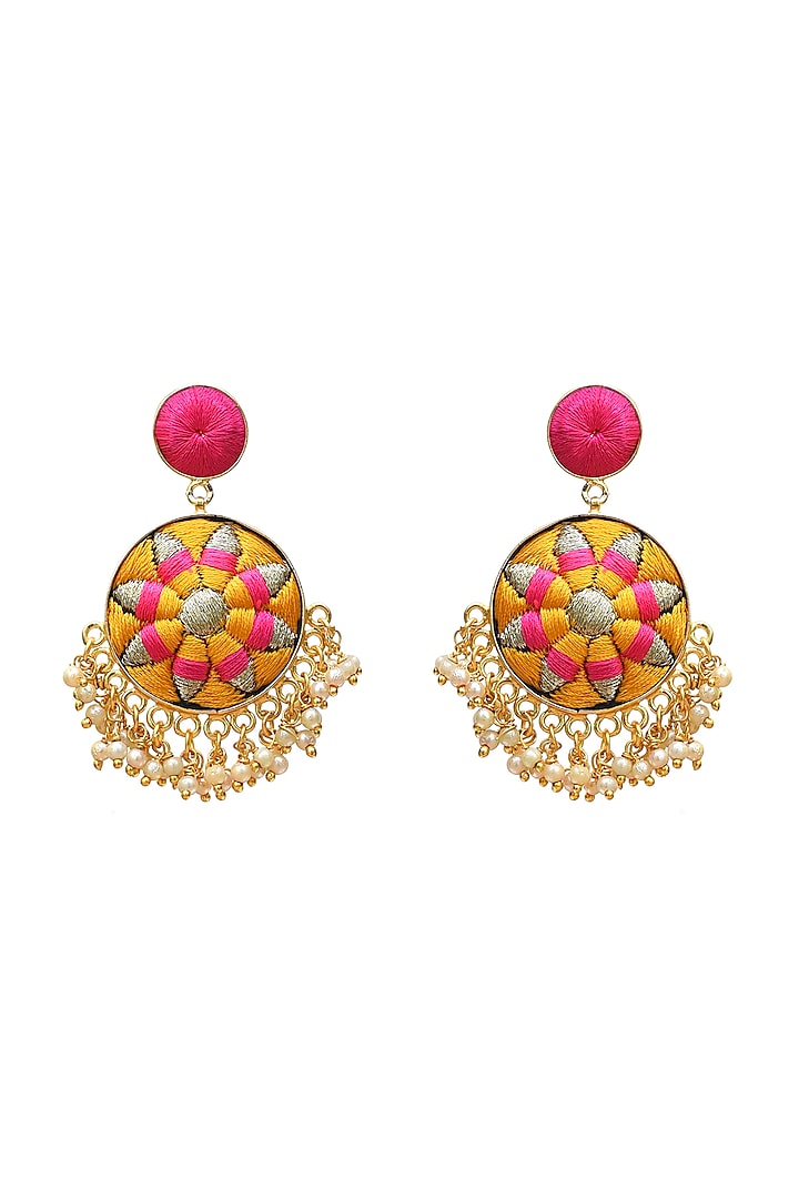 Gold Finish Drop Earrings With Embroidery by Bauble Bazaar