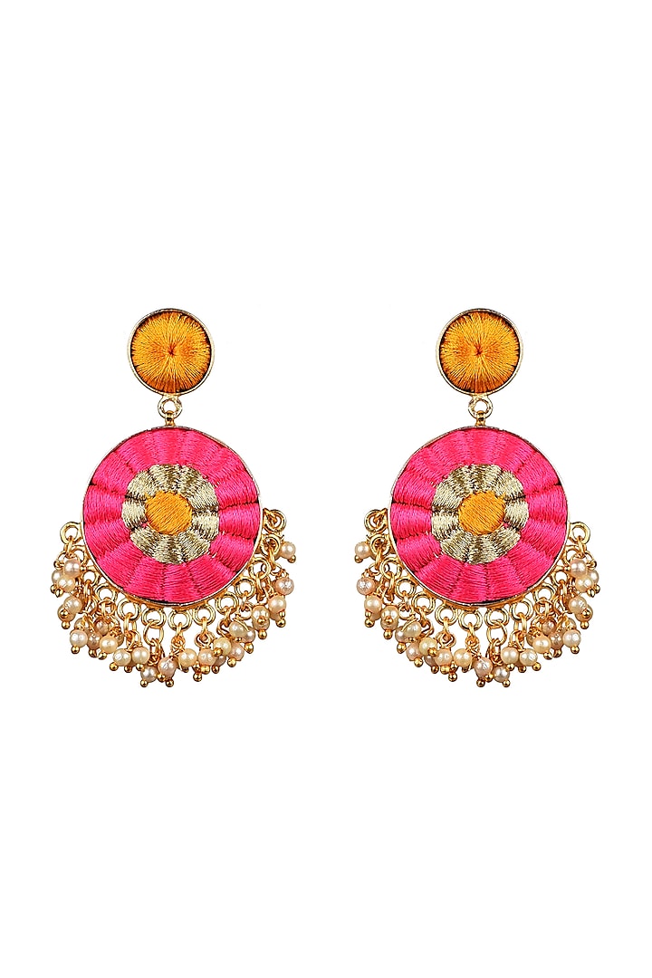 Gold Finish Pearl Hand Embroidered Drop Earrings by Bauble Bazaar