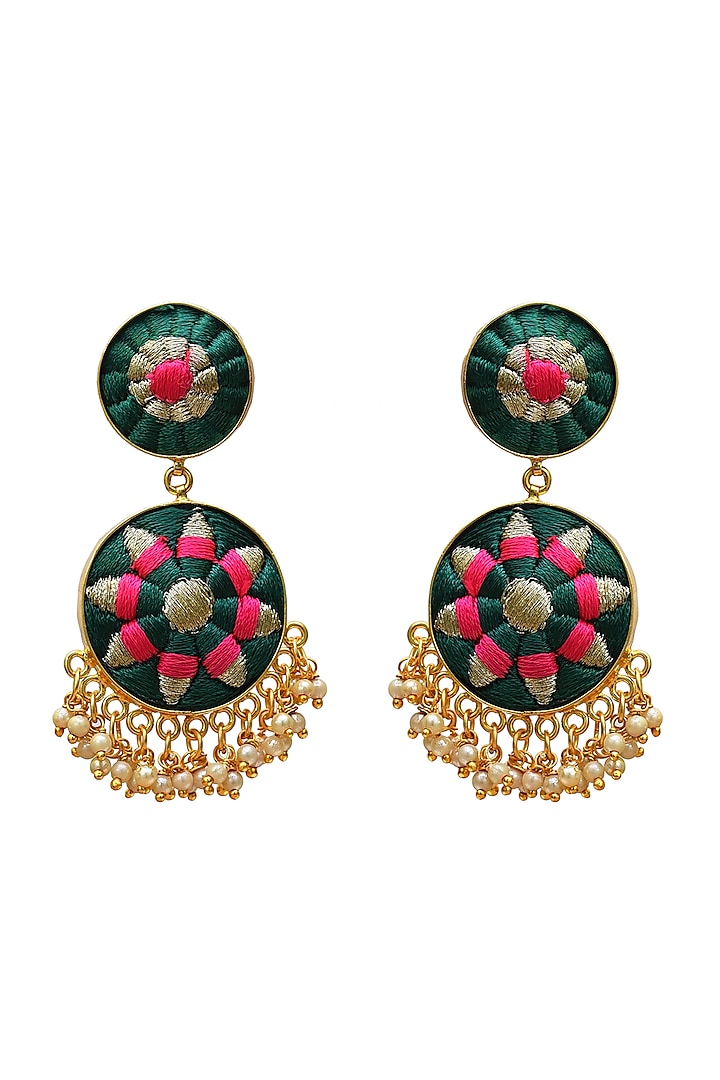 Gold Finish Pearl Embroidered Drop Earrings by Bauble Bazaar