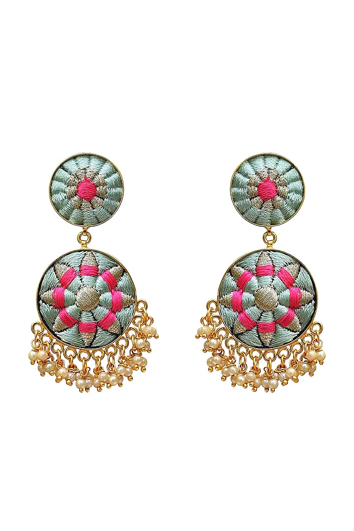 Gold Finish Embroidered Drop Earrings by Bauble Bazaar