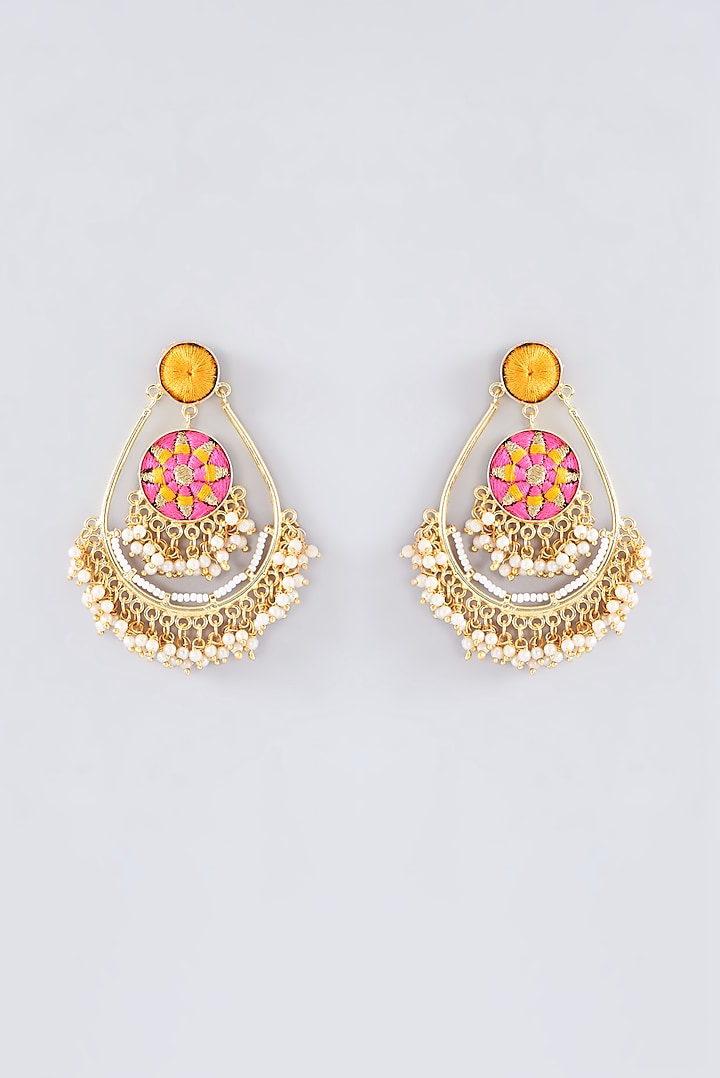 Matte Gold Finish Hot Pink Thread Embroidered Chandbali Earrings by Bauble Bazaar at Pernia's Pop Up Shop