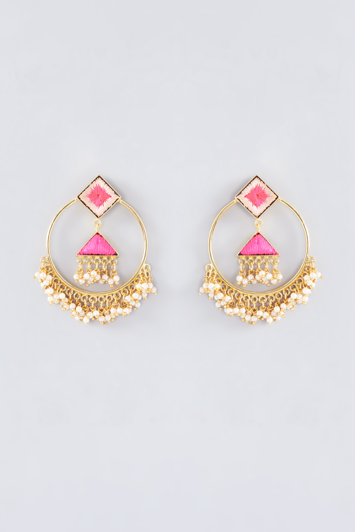 Matte Gold Finish Peach Thread Embroidered Hoop Earrings by Bauble Bazaar at Pernia's Pop Up Shop