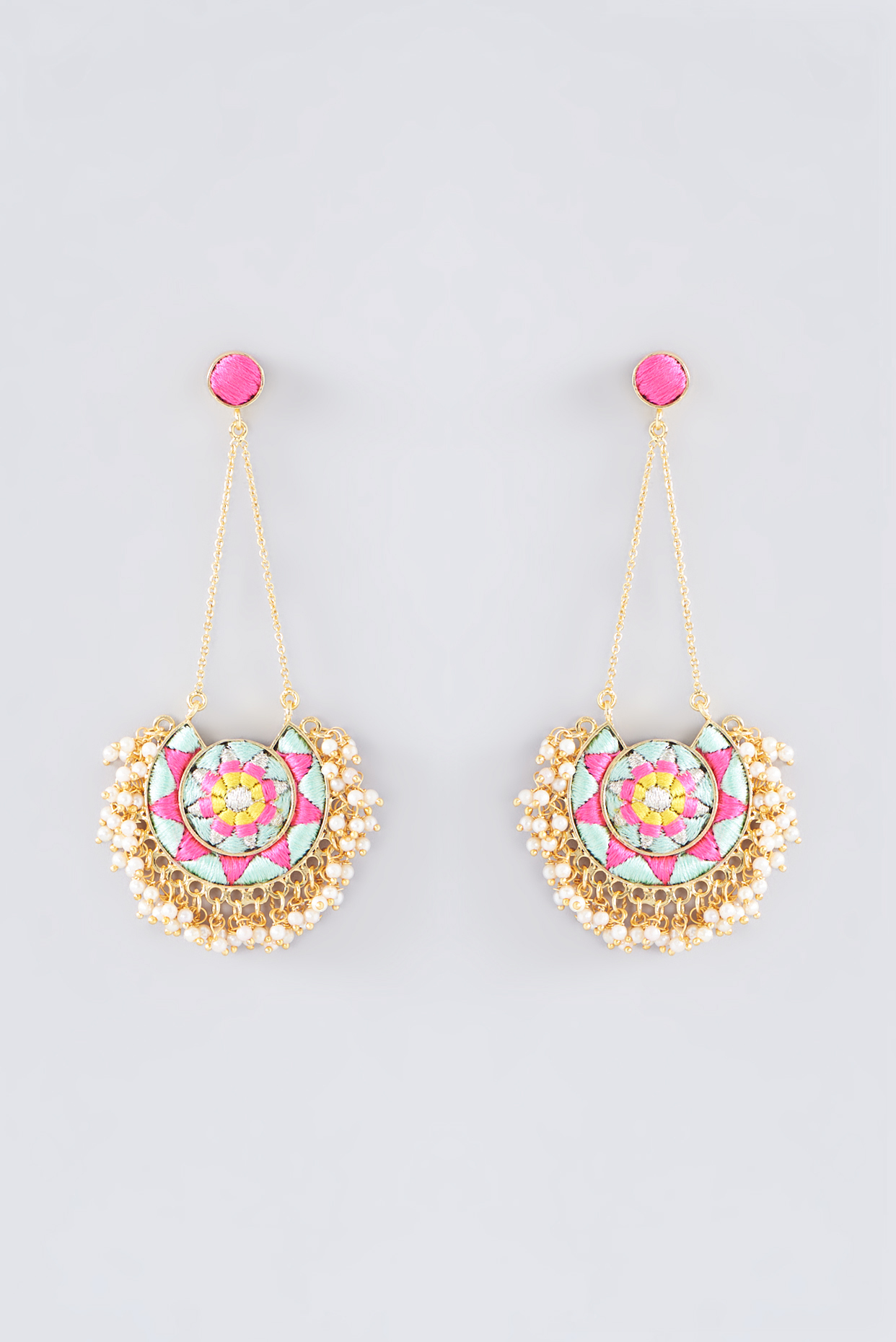 Matte Gold Finish Seafoam Thread Embroidered Chandbali Earrings by Bauble Bazaar at Pernia's Pop Up Shop