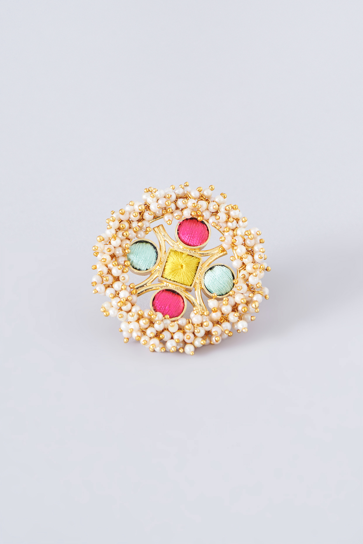 Matte Gold Finish Multi-Colored Thread Embroidered Ring by Bauble Bazaar at Pernia's Pop Up Shop