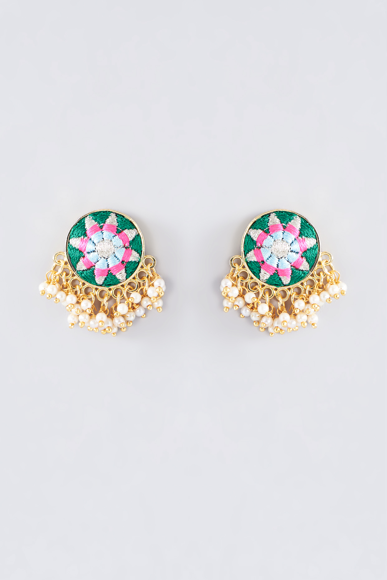 Matte Gold Finish Green Thread Embroidered Stud Earrings by Bauble Bazaar at Pernia's Pop Up Shop