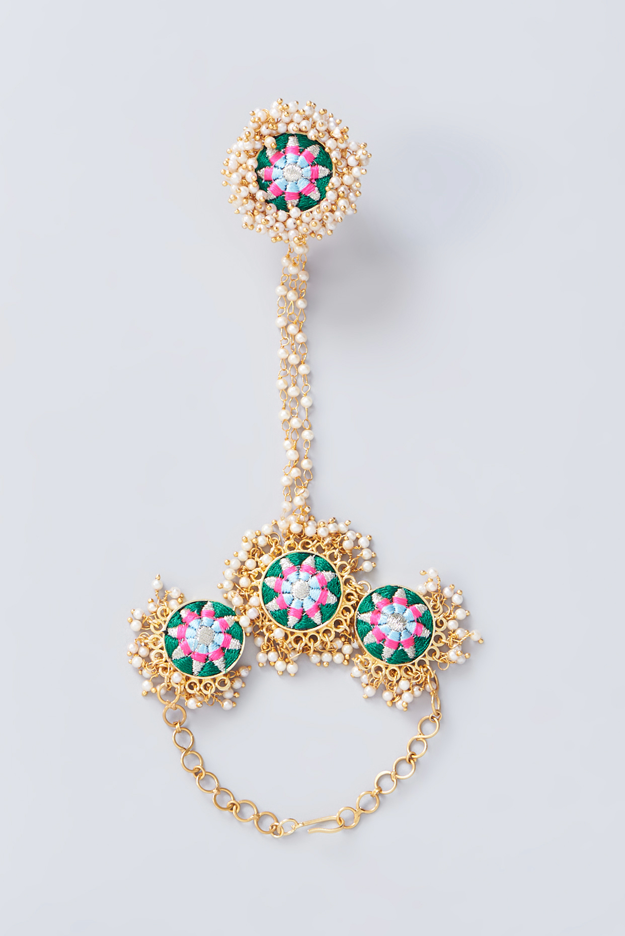 Matte Gold Finish Multi-Colored Thread Embroidered Geometric Hand Harness by Bauble Bazaar at Pernia's Pop Up Shop