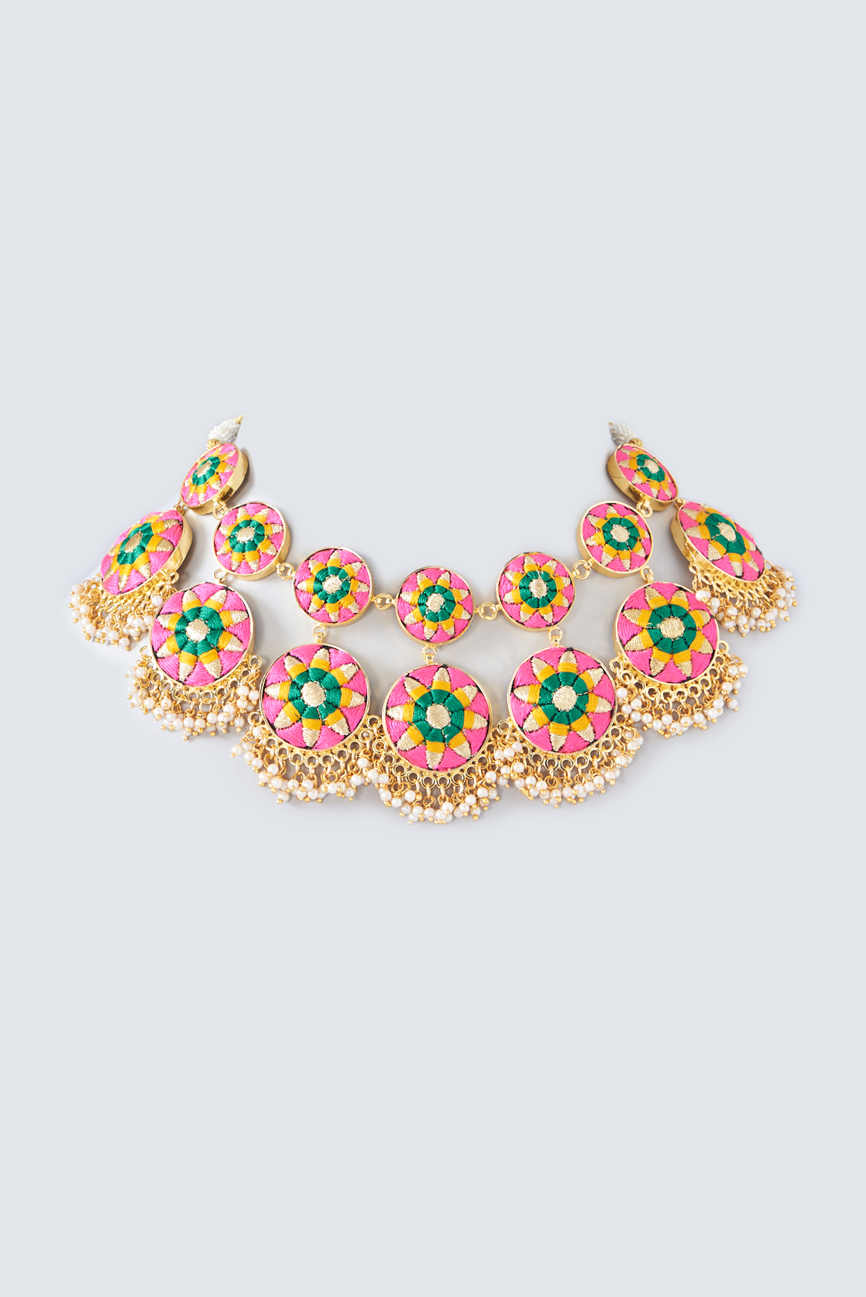 Matte Gold Finish Multi-Colored Thread Embroidered Geometric Necklace by Bauble Bazaar at Pernia's Pop Up Shop