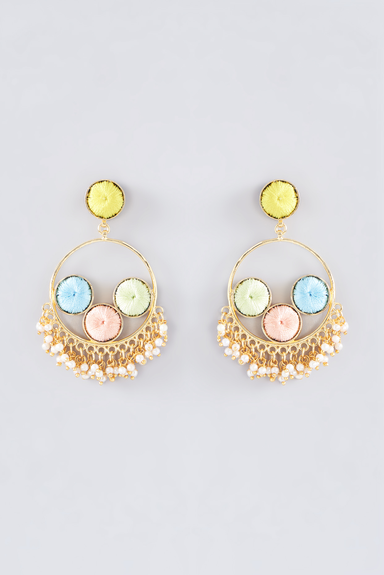 Matte Gold Finish Multi-Colored Thread Embroidered Chandbali Earrings by Bauble Bazaar at Pernia's Pop Up Shop
