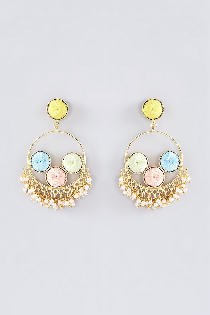 Matte Gold Finish Multi-Colored Thread Embroidered Chandbali Earrings by Bauble Bazaar at Pernia's Pop Up Shop