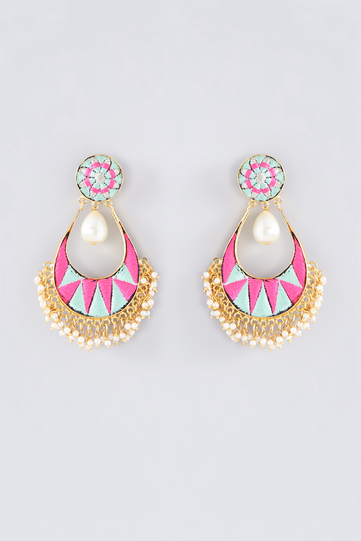 Matte Gold Finish Pink Thread Embroidered Chandbali Earrings by Bauble Bazaar at Pernia s Pop Up Shop 2025