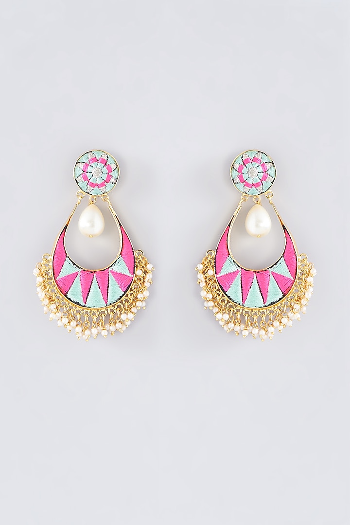 Matte Gold Finish Pink Thread Embroidered Chandbali Earrings by Bauble Bazaar at Pernia's Pop Up Shop