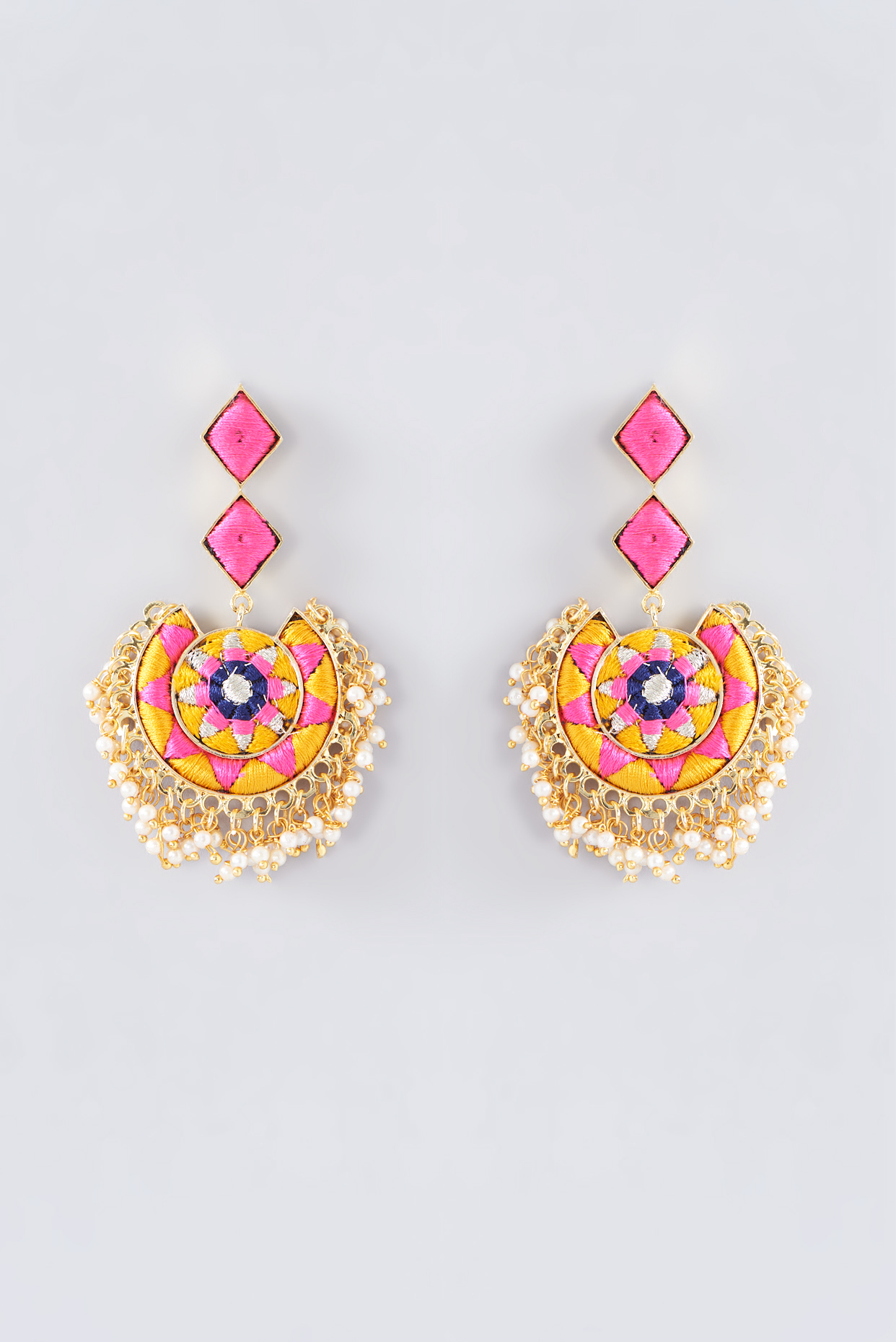 Matte Gold Finish Rose Pink Thread Embroidered Chandbali Earrings by Bauble Bazaar at Pernia's Pop Up Shop