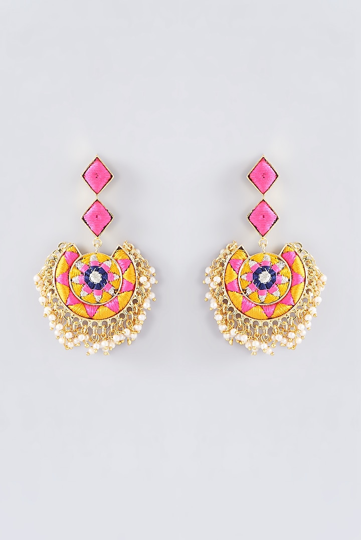 Matte Gold Finish Rose Pink Thread Embroidered Chandbali Earrings by Bauble Bazaar at Pernia's Pop Up Shop