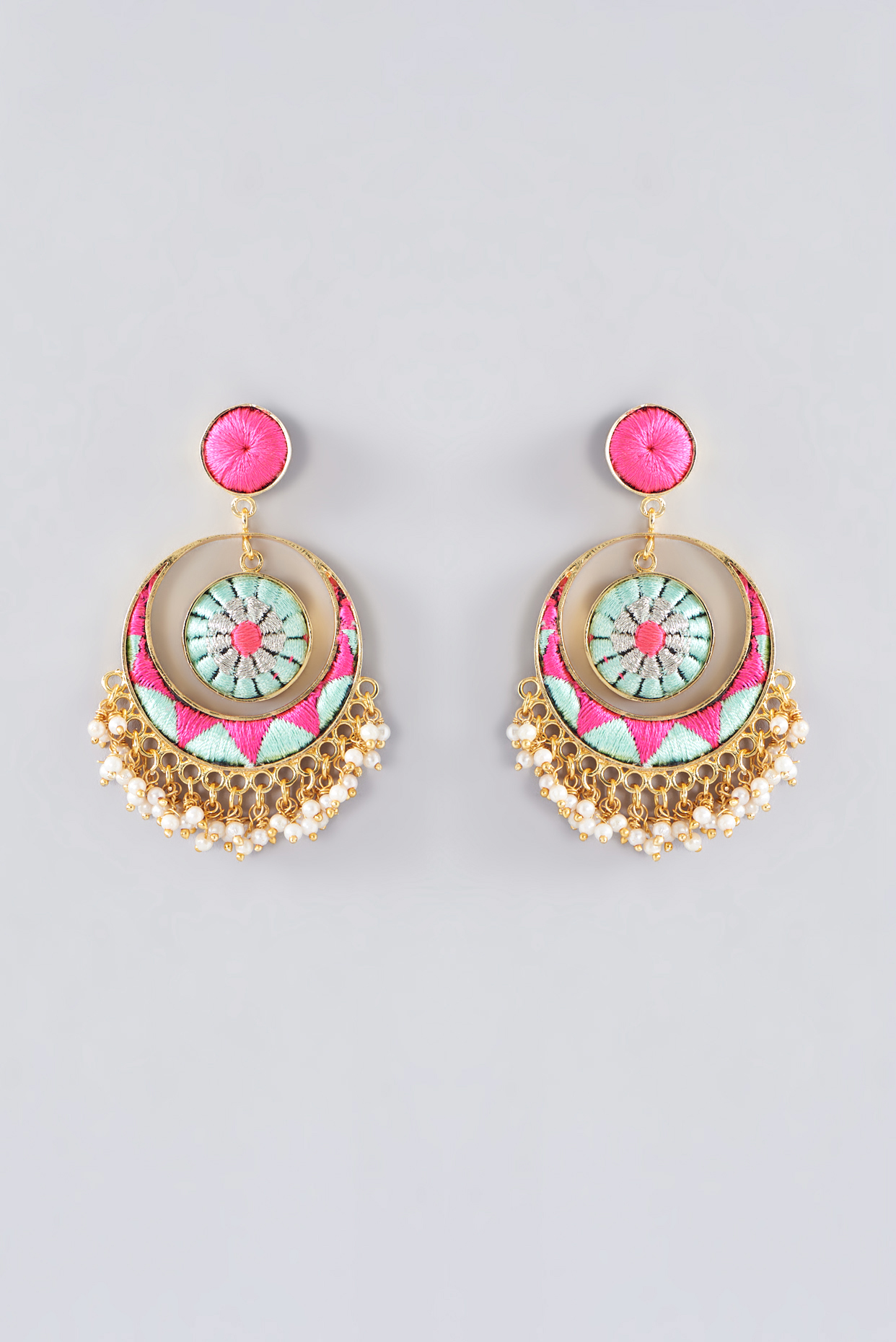 Matte Gold Finish Multi-Colored Thread Embroidered Chandbali Earrings by Bauble Bazaar at Pernia's Pop Up Shop