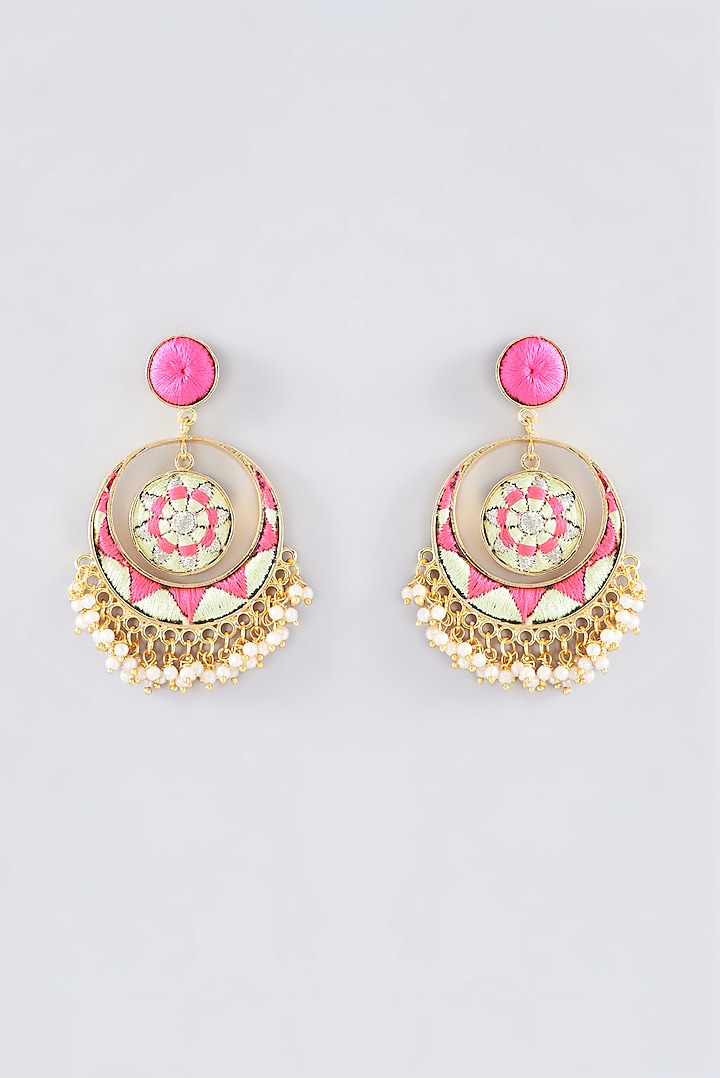Matte Gold Finish Mint Green Thread Embroidered Chandbali Earrings by Bauble Bazaar at Pernia's Pop Up Shop