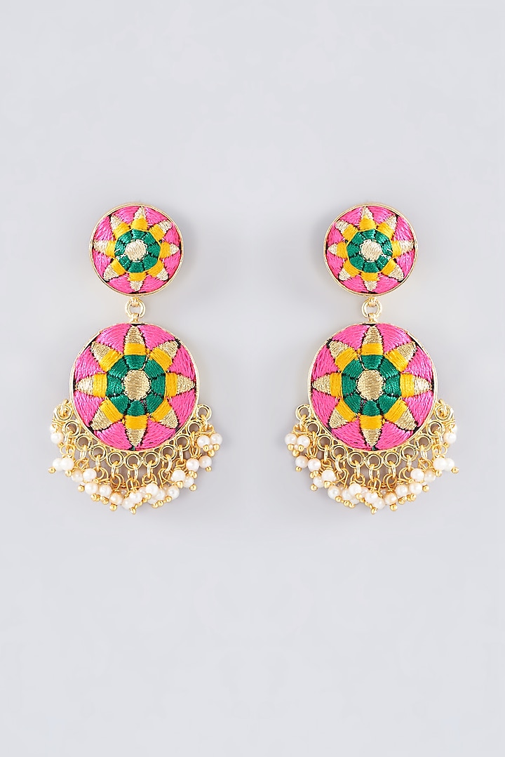 Matte Gold Finish Cerise Pink Thread Embroidered Dangler Earrings by Bauble Bazaar