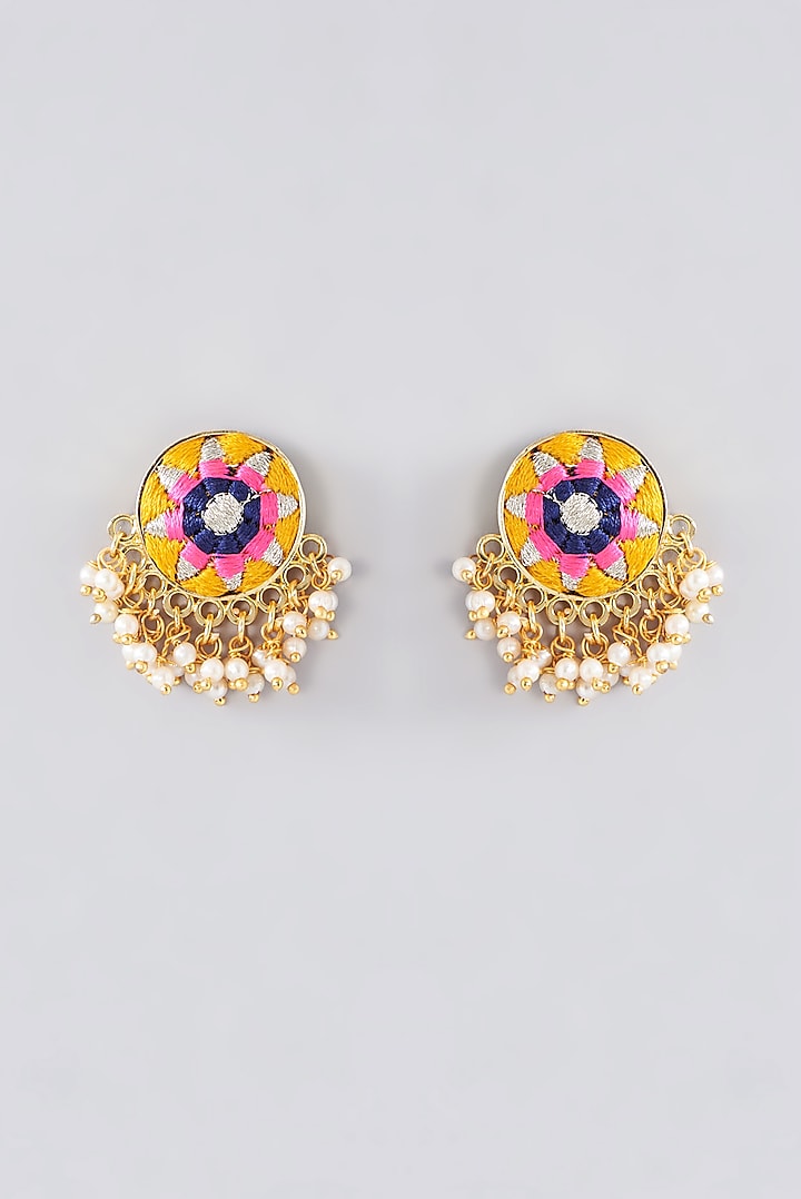 Matte Gold Finish Fog Yellow Thread Embroidered Stud Earrings by Bauble Bazaar