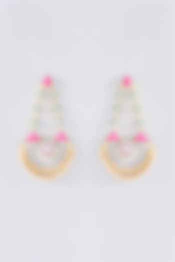 Matte Gold Finish Hot Pink Thread Embroidered Chandbali Earrings by Bauble Bazaar