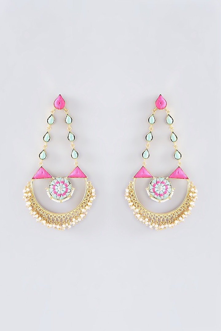 Matte Gold Finish Hot Pink Thread Embroidered Chandbali Earrings by Bauble Bazaar at Pernia's Pop Up Shop
