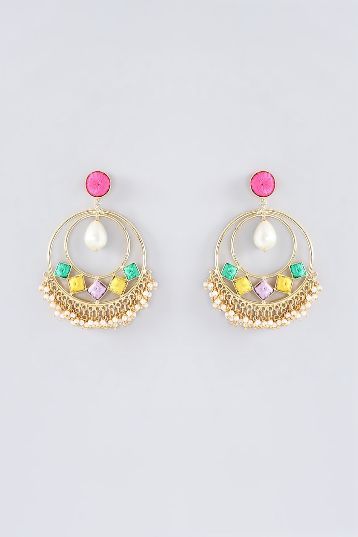 Matte Gold Finish Multi-Colored Thread Embroidered Chandbali Earrings by Bauble Bazaar