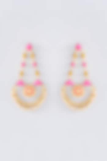 Matte Gold Finish Hot Pink Thread Embroidered Chandbali Earrings by Bauble Bazaar at Pernia's Pop Up Shop