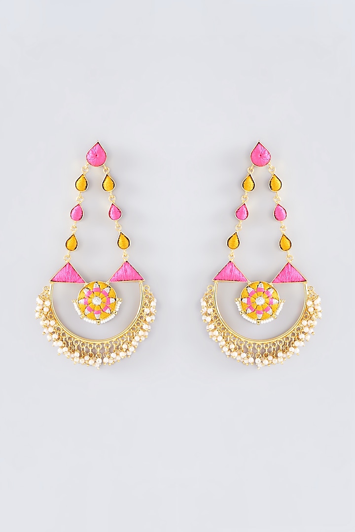 Matte Gold Finish Hot Pink Thread Embroidered Chandbali Earrings by Bauble Bazaar