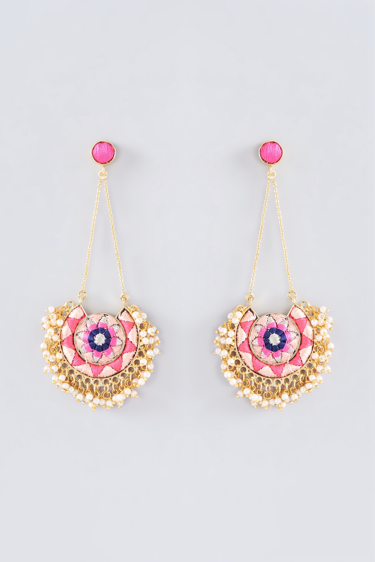 Matte Gold Finish Peach Pink Thread Embroidered Chandbali Earrings by Bauble Bazaar at Pernia s Pop Up Shop