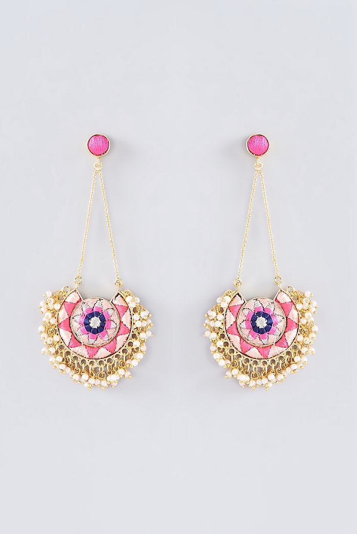 Matte Gold Finish Peach Pink Thread Embroidered Chandbali Earrings by Bauble Bazaar