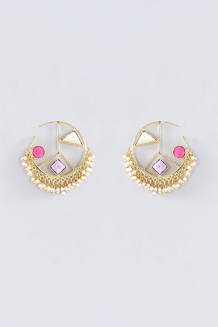 Matte Gold Finish Multi-Colored Thread Embroidered Hoop Earrings by Bauble Bazaar