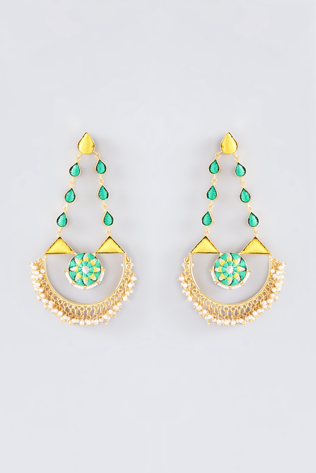 Matte Gold Finish Lime Green Thread Embroidered Half Moon Earrings by Bauble Bazaar at Pernia's Pop Up Shop