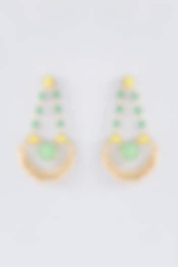 Matte Gold Finish Lime Green Thread Embroidered Half Moon Earrings by Bauble Bazaar