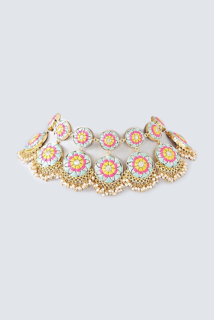 Matte Gold Finish Multi-Colored Thread Embroidered Necklace by Bauble Bazaar